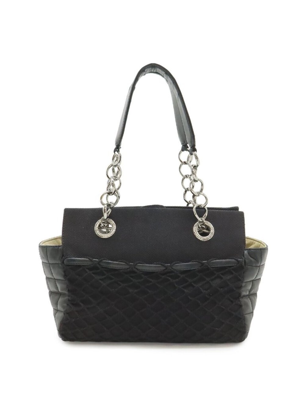 Chanel Choco Bar Chain Tote Quilted Net Canvas Leather Black